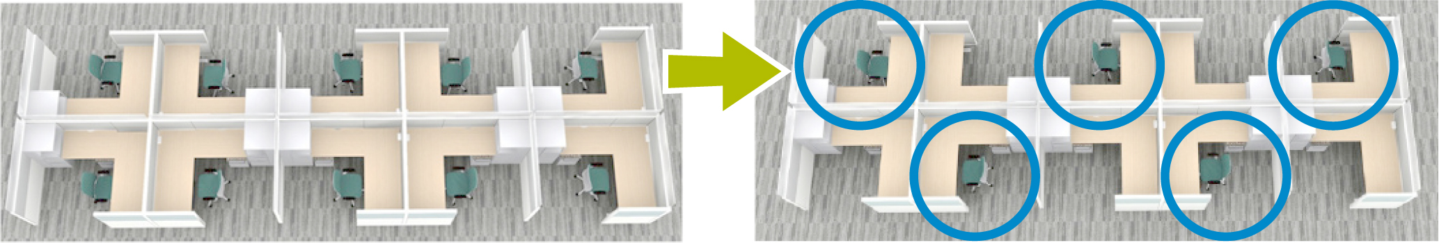 spaced out workspaces on a cubicle floor plan to help prevent COVID-19 spread